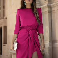 Simple Solid Temperament High Waist Dress Women O Neck Half Sleeve Pleated A-line Dress 2025 New Elegant Lace Up Irregular Dress