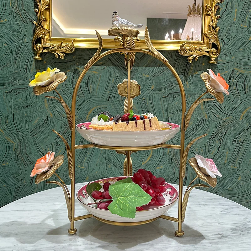 Luxury Crane Ceramic Fruit Plate, French‑Style Pure Brass Decorative Tray, Living‑Room Snack Dessert Platter