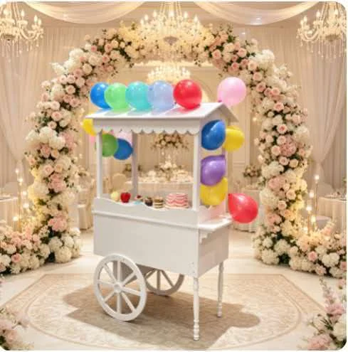 White Wheeled Wooden Trolley, Sweet Cart / Pastry Cart / Bloom Cart For Nuptial & Event Ornament