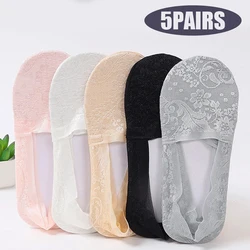 5 Pairs of Women's Summer Lace Jacquard Silicone Non-Slip Non-Marking Deep Cut Short Low Top Boat Socks