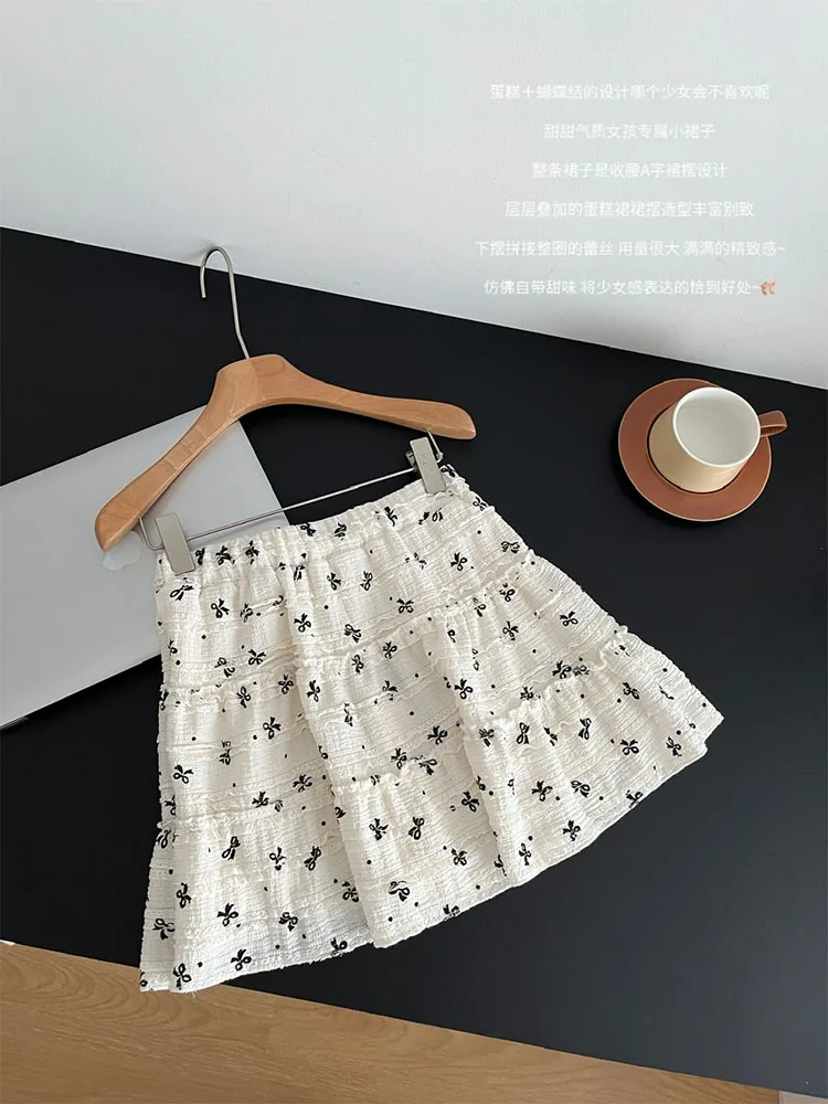 High Quality Beige  A-Line Skirt Office Lady Kawaii Bow Printed Vintage Cozy Pleated Skirt Lace Party Prom Korean Preppy Style