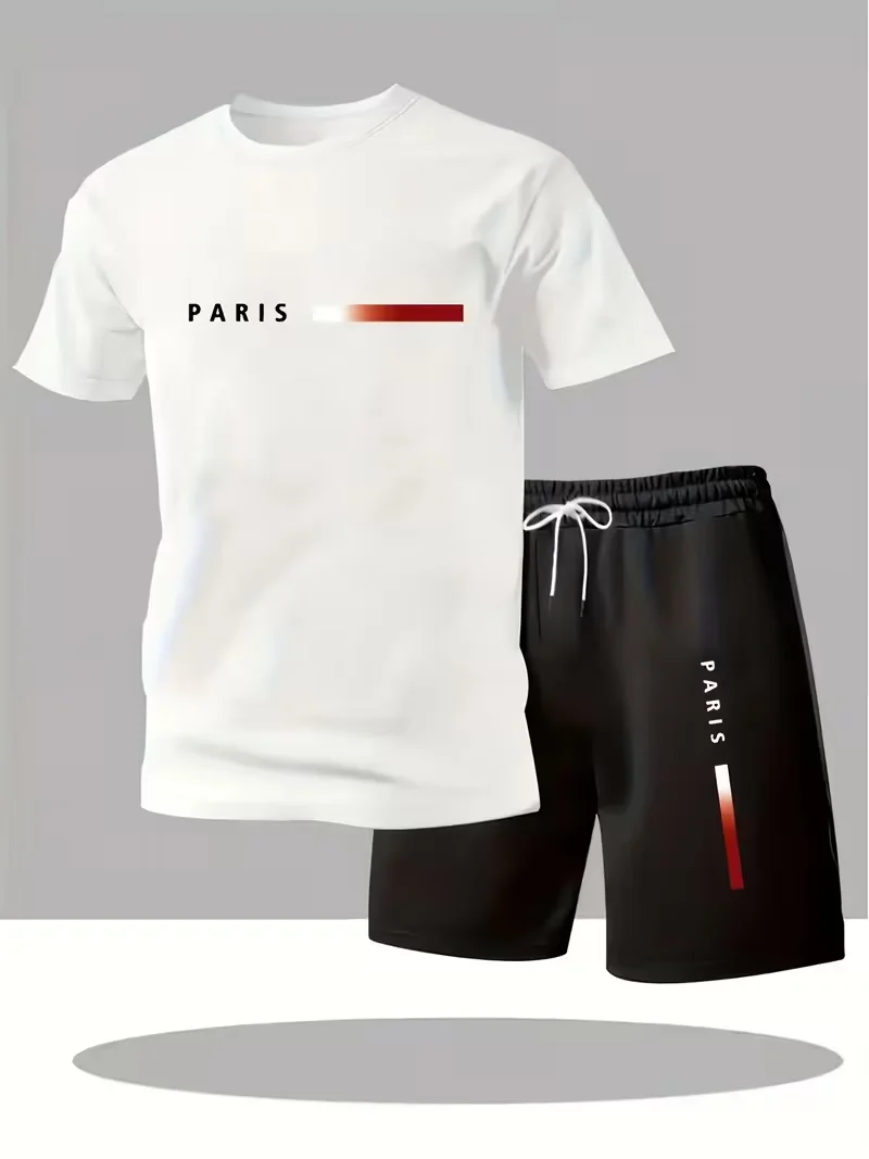 New Summer Men Street Trendy 2 Piece Sport Set, Lightweight Breathable Quick Dry Short Sleeve T-shirt & Casual Shorts Outfit