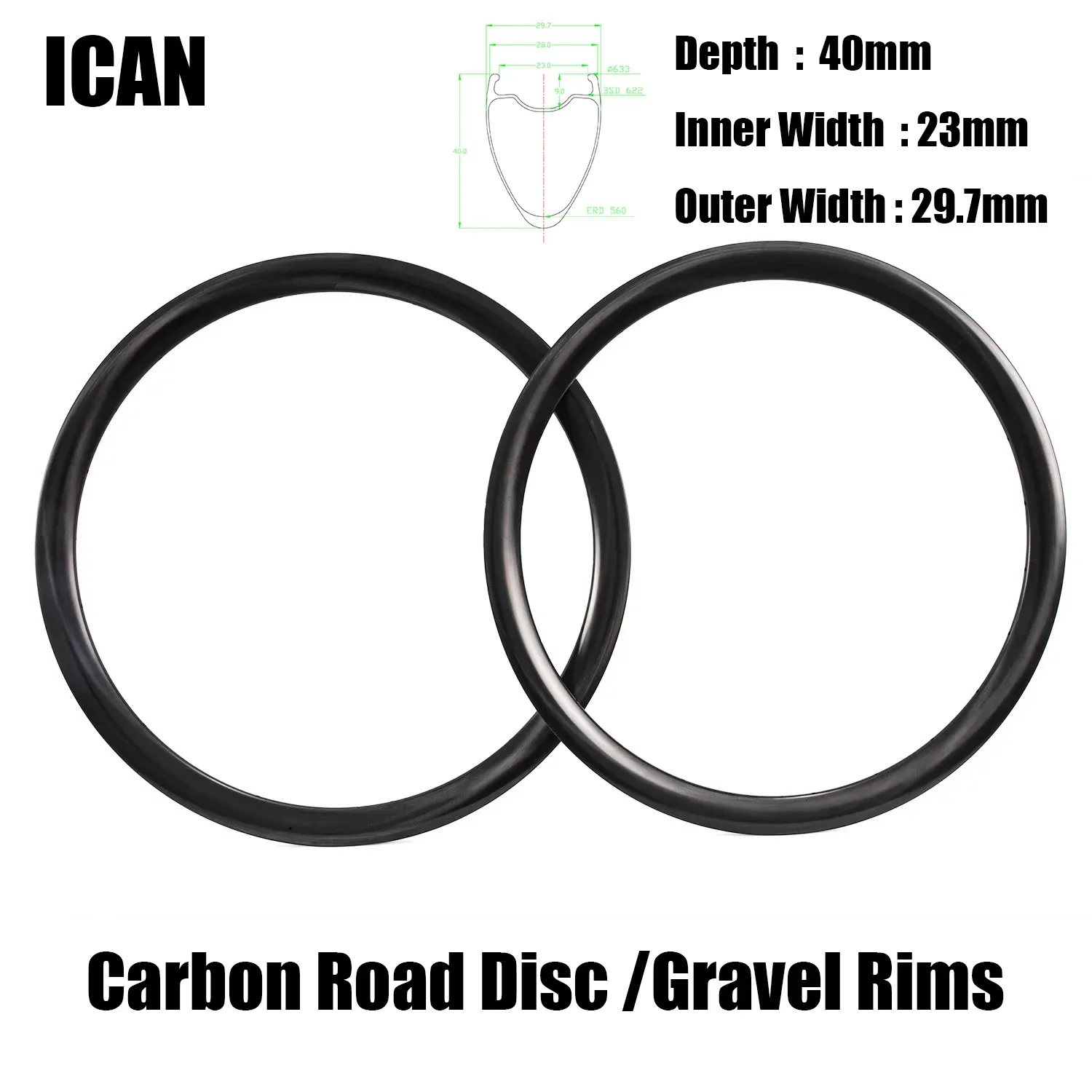 

ICAN Lightweight Carbon Fiber Road Disc /Gravel Rims Depth 40mm Inner/outer Width 23mm/29.7mm For Road Gravel Hook 700C Wheels