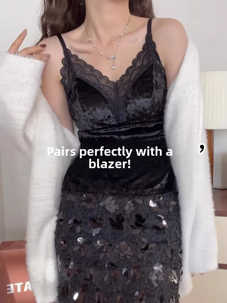 Women's Lace Velvet Crop Top Strap Vest Integrated Chest Pad Warmth Beauty Back Autumn Winter Suit Inner Wear Short Thickened