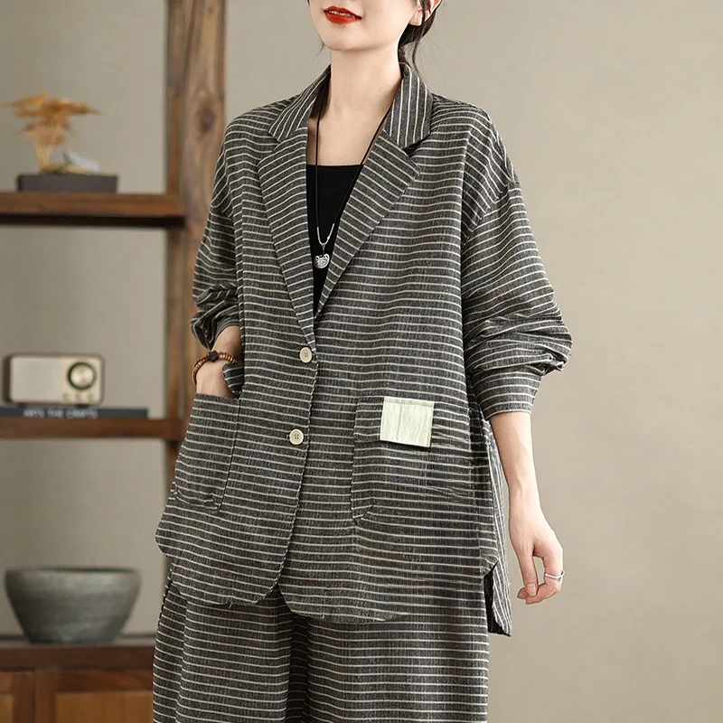 Abito casual a righe da donna taglie forti Allentato dimagrante Faionable Retro Set in due pezzi Pendolarismo Sle Lungo Sve Bottone singolo