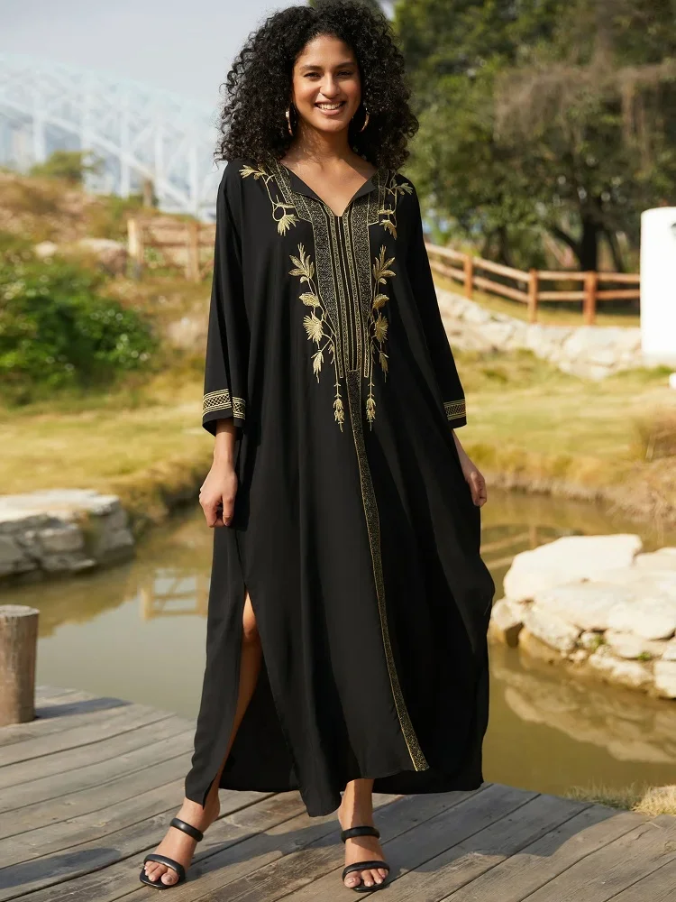 Bohomian Golden Embroidered Women Printed Kaftan House Robe Oversized 2024 Summer Women Beach Wear Lounge Maxi Dresses Q1659