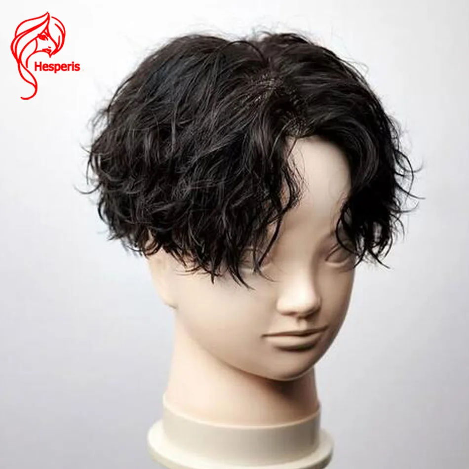 Hesperis Brazilian Remy Men's Wig Full Lace Transparent Middle Part Pixie Cut Short Wig Wavy Style Human Hair Pre Styled