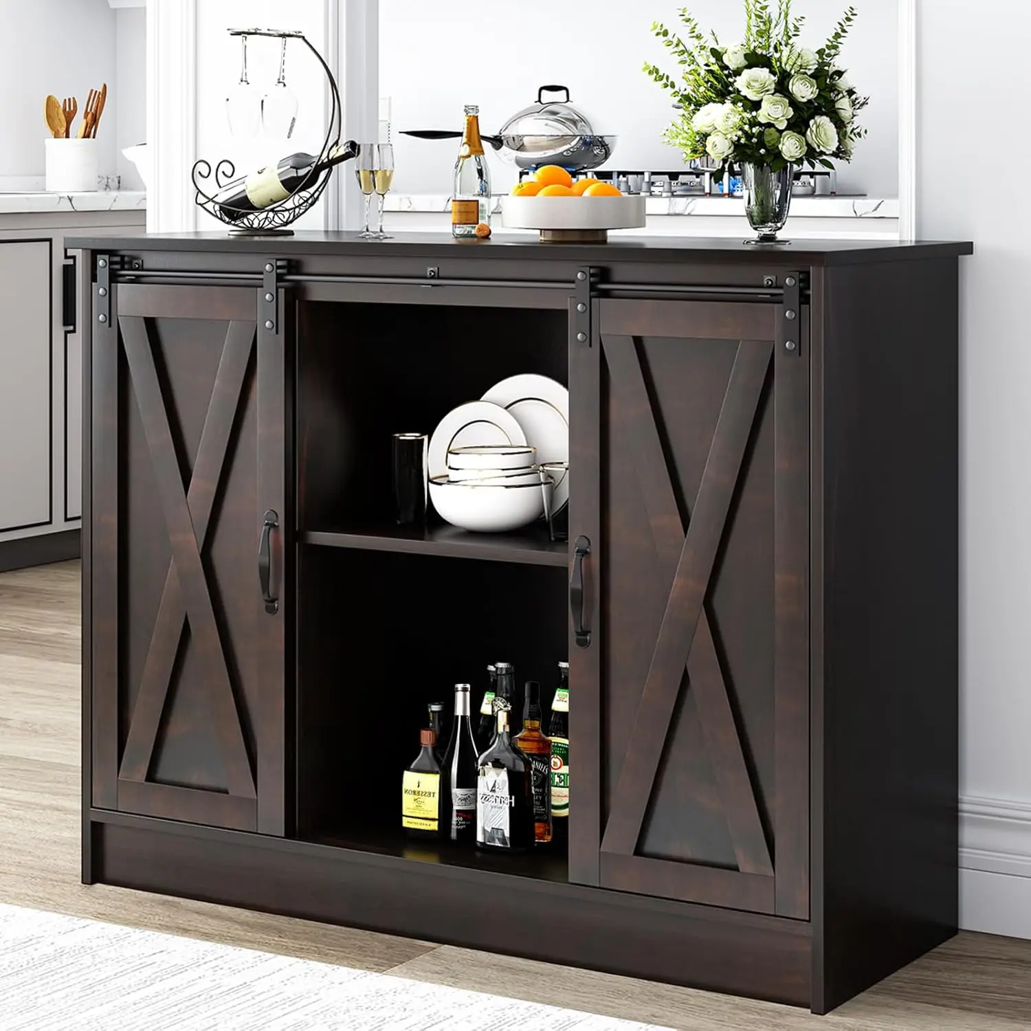 

WINNER Coffee Bar Cabinet with Storage, 42” Sideboard Buffet Cabinet with Sliding Barn Doors, Farmhouse Coffee Bar