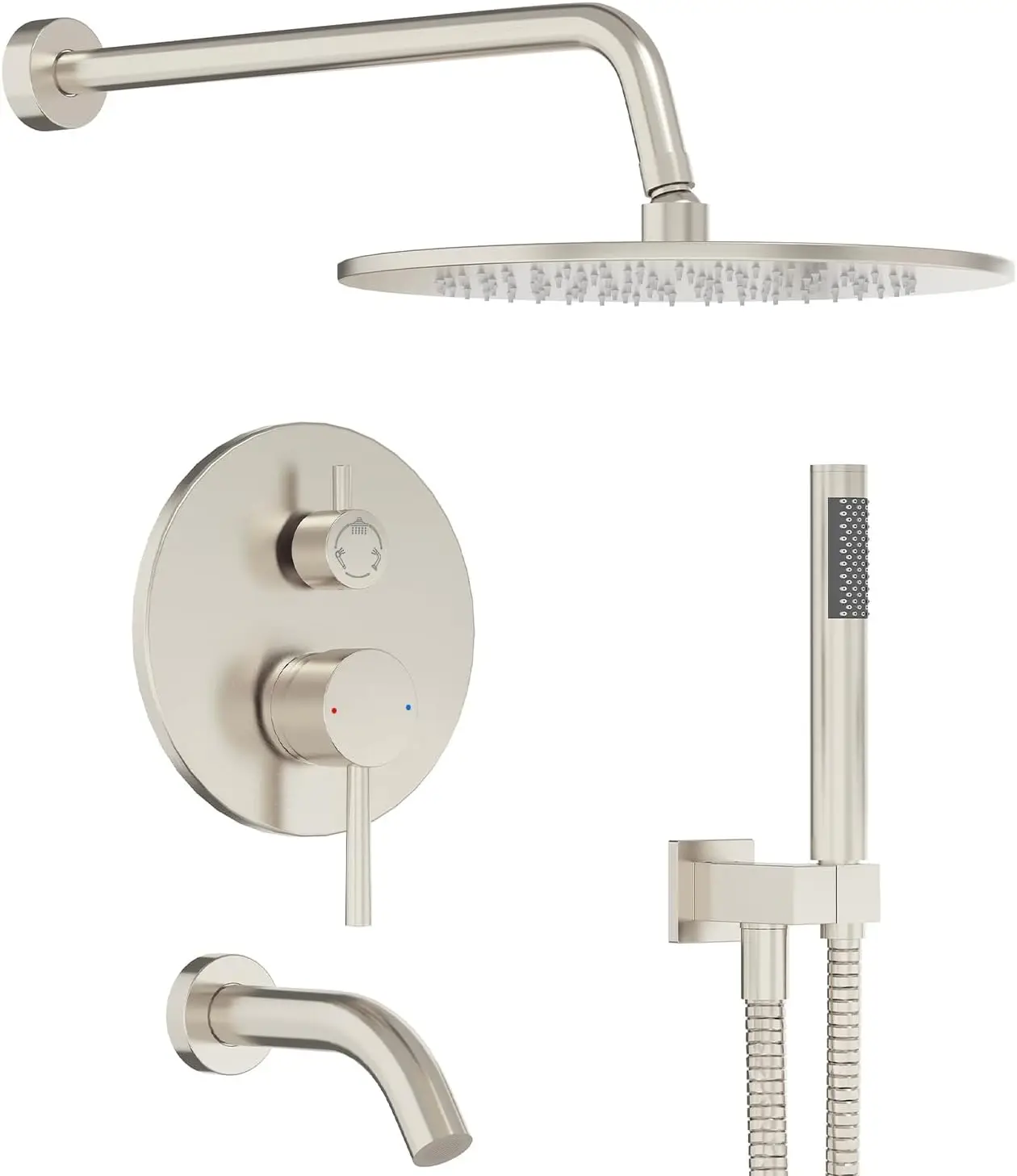 

10" Rain Shower Head & Handheld Combo, 3-Way Valve, Brushed Nickel Tub Shower Set