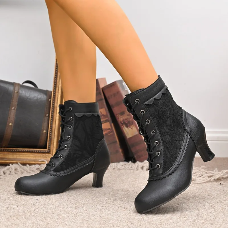Women Closed Toe Med Heel Lace Up Satin Lace Wedding Bridal Boots Plus Size Lolita Victorian Court Retro Shoes Dropshipping