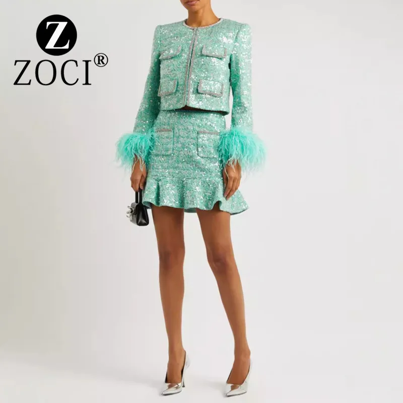 [ZOCI] 2024 24autumn/winter Designer Trendy Socialite Light Luxury Sequin Ostrich Fur Cuff Fragrant Style Jacket+skirt Set