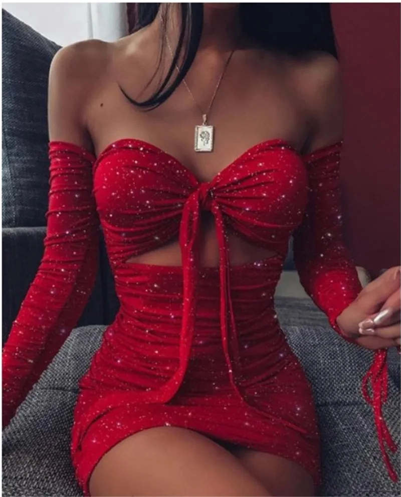 

Long Sleeved Shiny Crystal Patchwork Black and Red Two Color Strapless Strapping with Hollowed Out Sexy Dress for Women