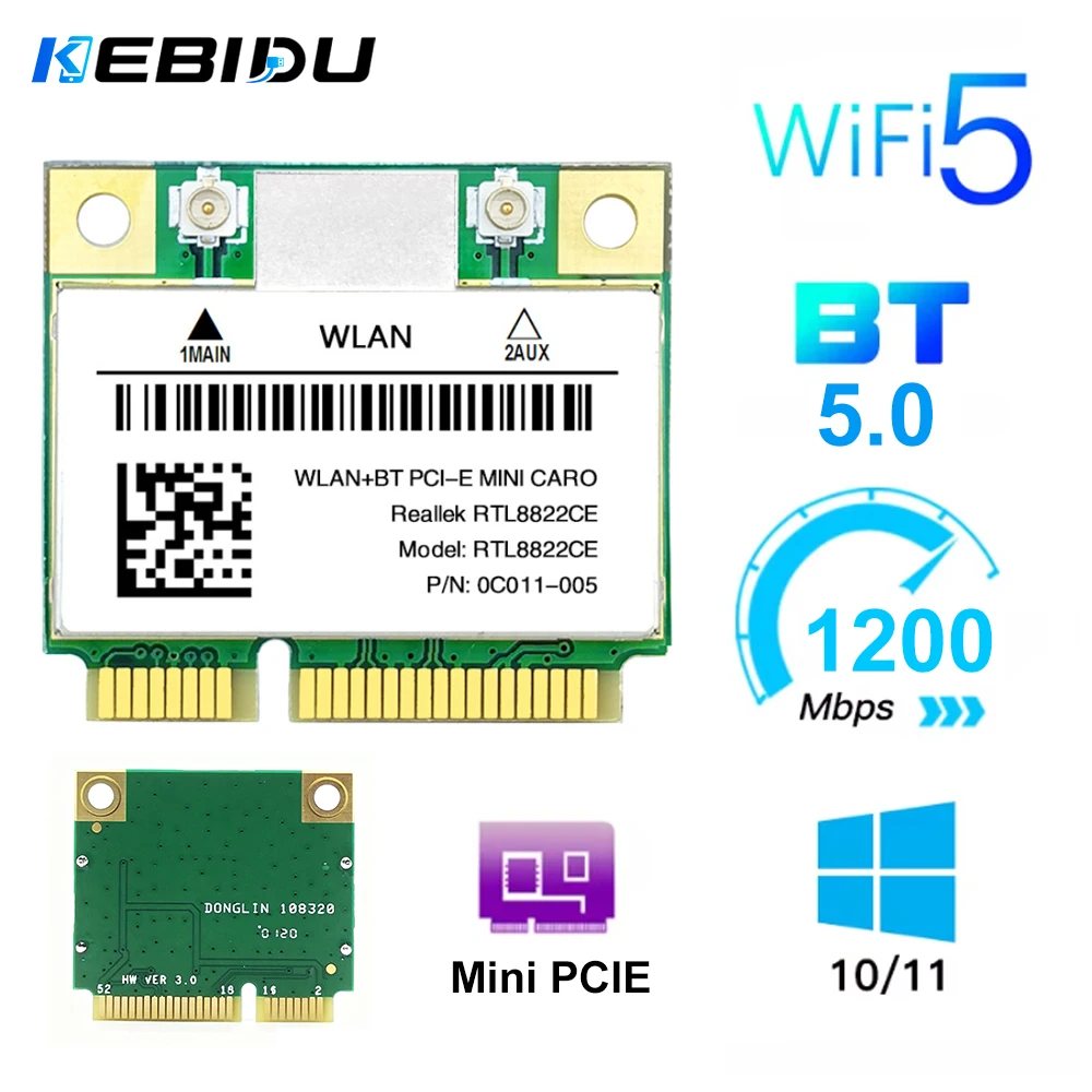 KEBIDU Mini PCI-E Wifi Card RTL8822CE Wireless Wifi5 1200Mbps Bluetooth 5.0 802.11ac Dual Band 2.4G 5Ghz For Laptop Win 10 11