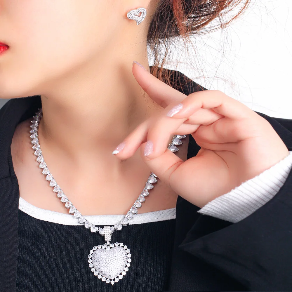 CWWZircons Bling Heart Shape Iced Out Cubic Zirconia Tennis Chain Necklace Earrings Trendy Party Jewelry Sets for Women T712
