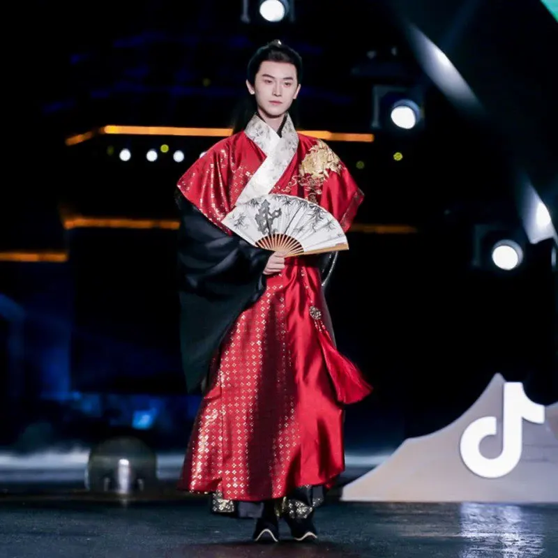 

Original Hanfu Robe Men Chinese Vintage Wide sleeves Red&Black Dao Robe Stage Performance Costume Party Outfit Hanfu Robe Men