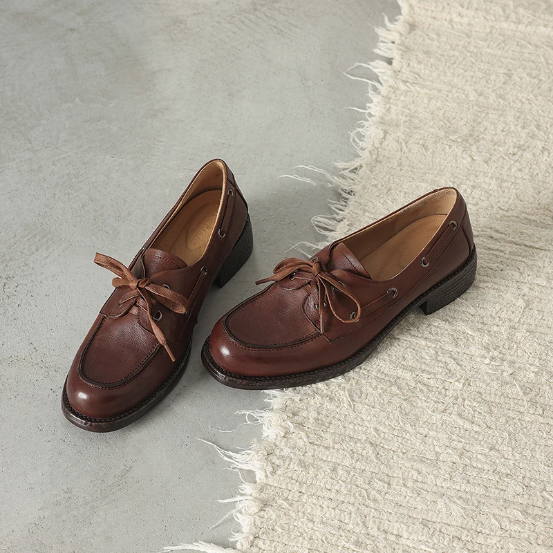 

Женские туфли из натуральной кожи, размеры 34-42, в стиле ретро, на шнуровке, с круглым носком, повседневные, на низком каблуке, универсальные, в британском стиле, лоферы для женщин.