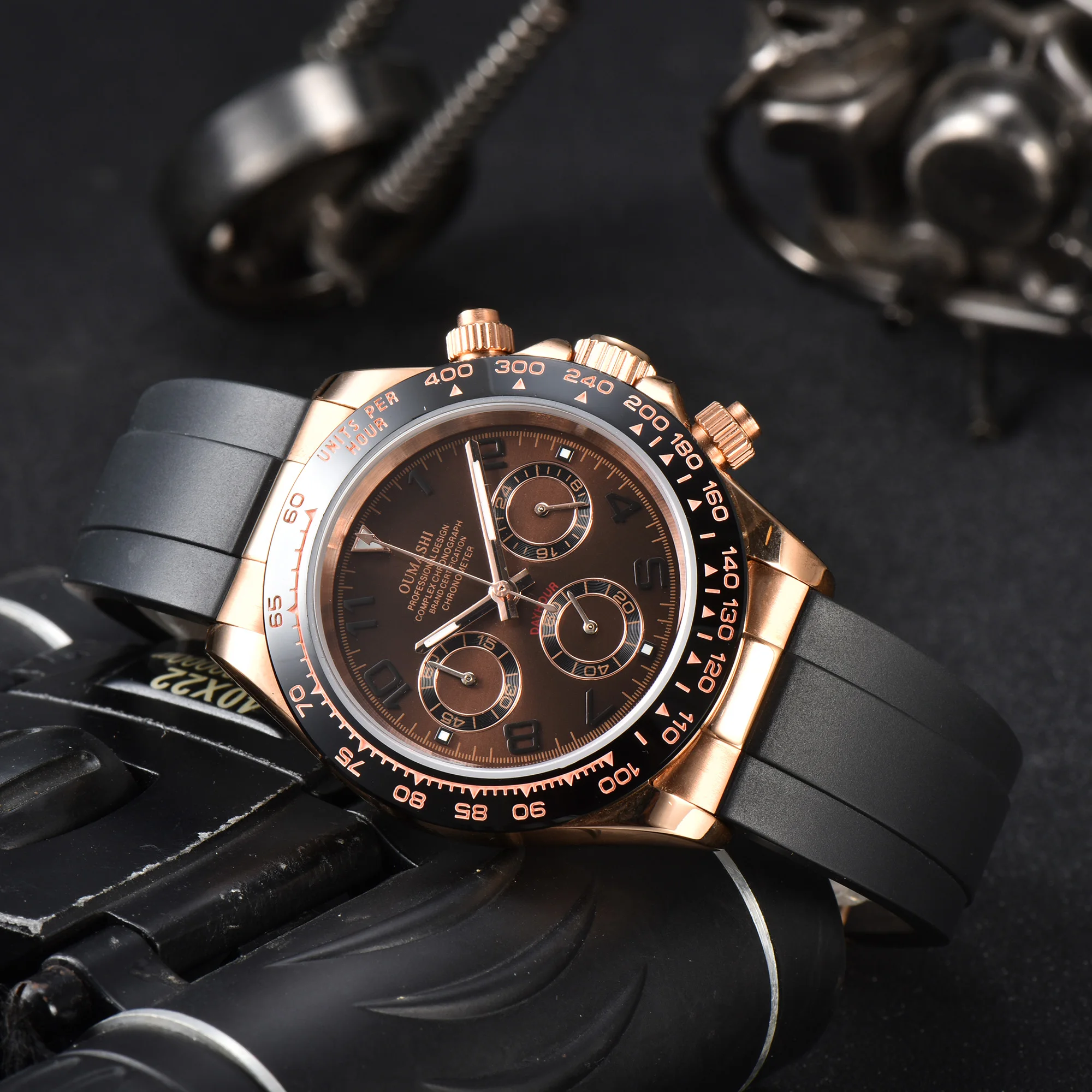 OUMASHI Watch Rose Gold Series Panda dial, Sapphire luminous watch, fashionable and sporty style, waterproof VK63 chronograph