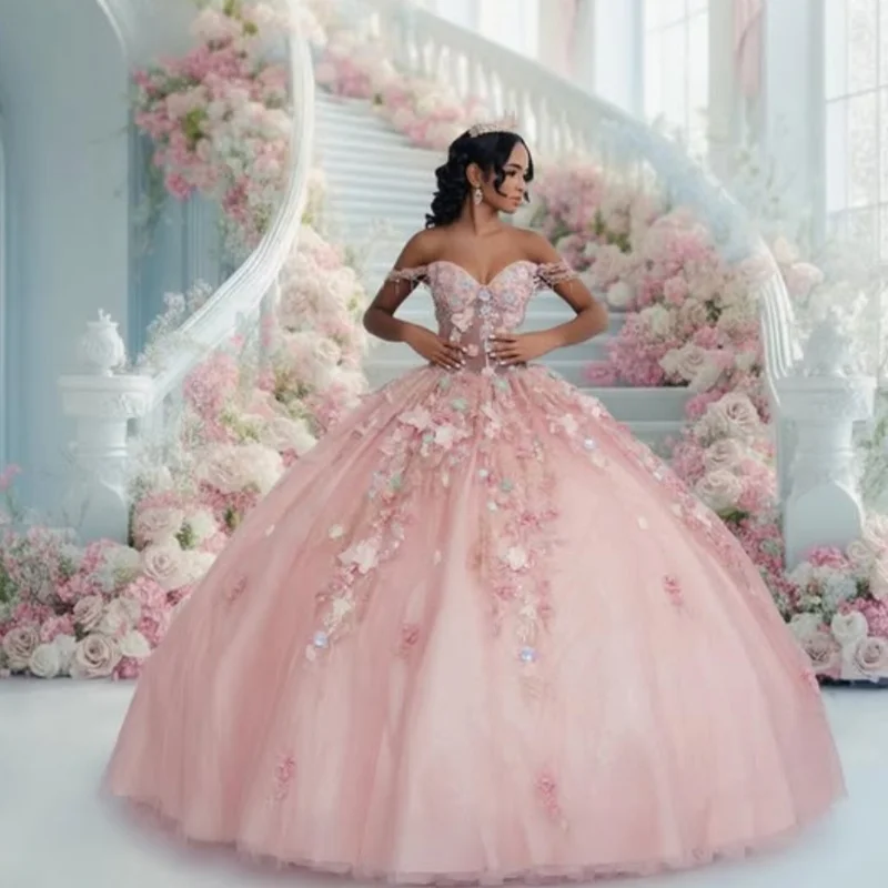 

Pink Quinceanera Dresses off-shoulder Crystal Glitter Decal 3D Flower Long tail Vestido De 15 Quinceanera Customize