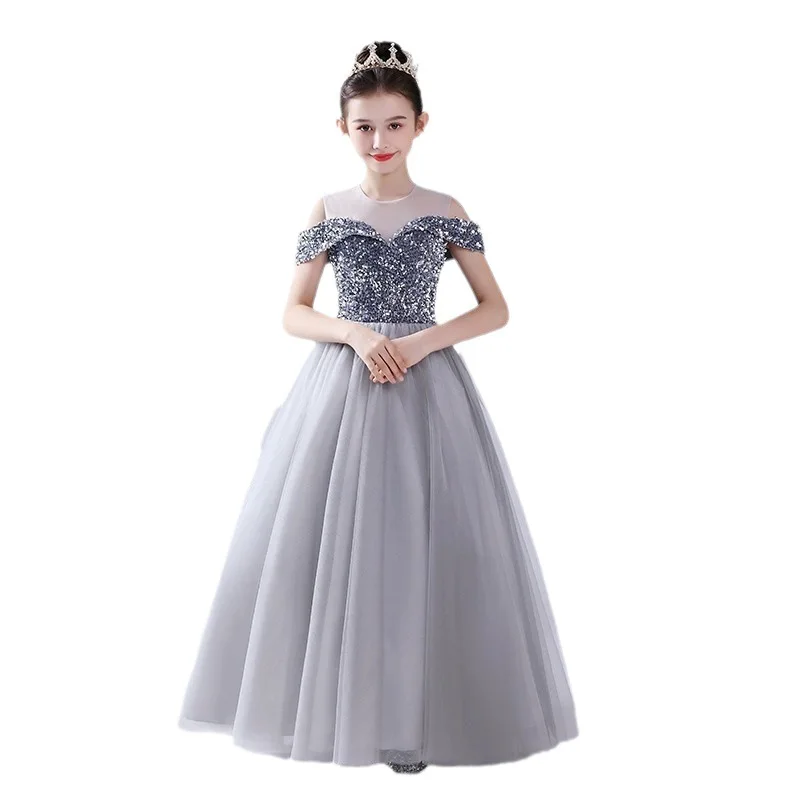 Abito per bambini Abito da principessa con spalle scoperte Gonna in chiffon per ragazze Abito da gioco grigio argento Abito formale da ospite per studenti con paillettes