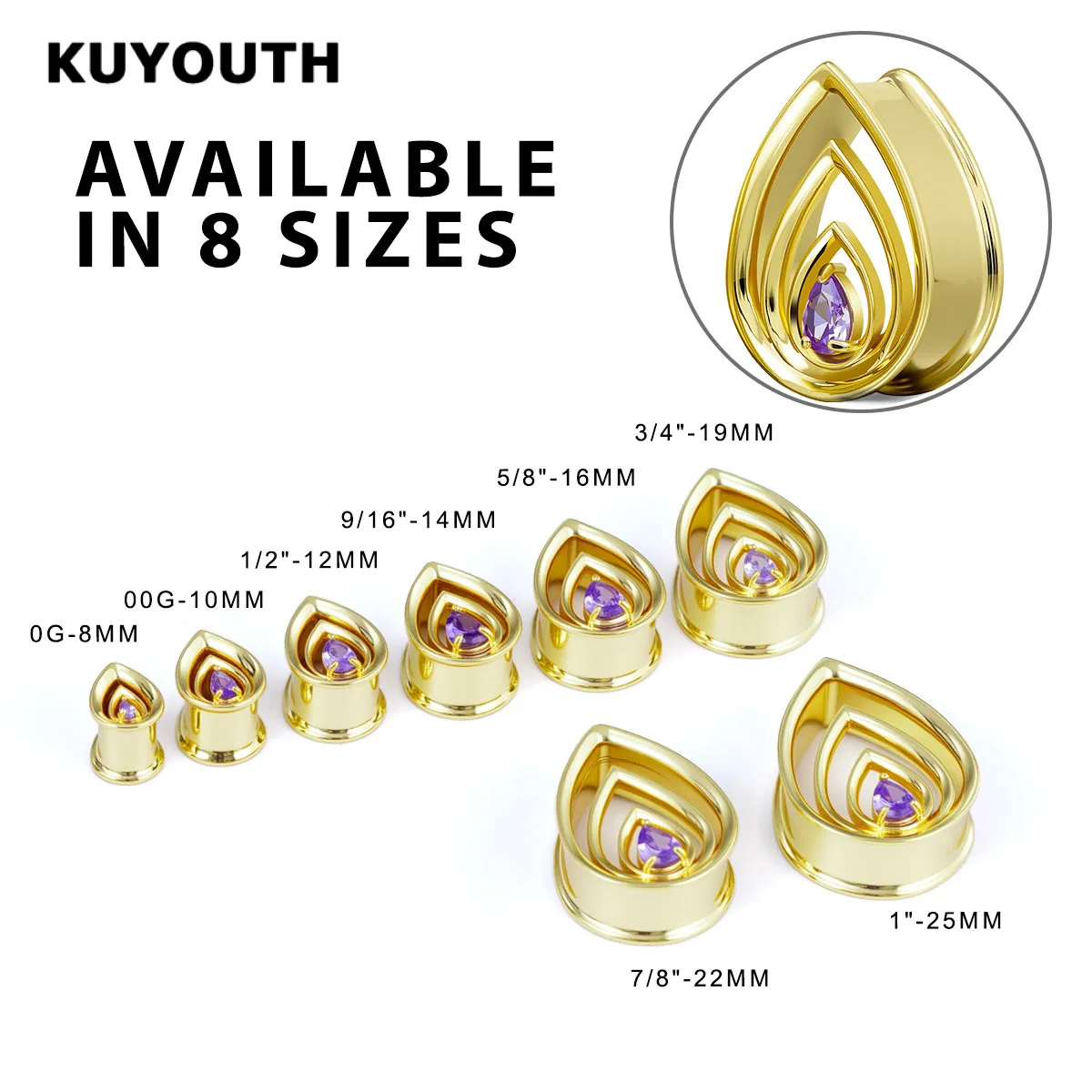 KUYOUTH 2 Stück blaue Zirkon-Ohrstecker, geschichtete tropfenförmige Dehner, Piercing-Schmuck – Detail 5