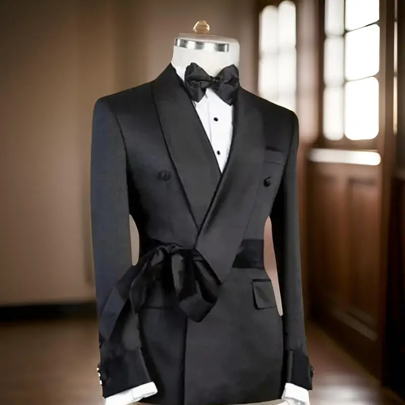 Formal Men Suit Jacket with Belt 2024 Single 1 Piece Slim Fit Male Blazer with Double Breasted Fashion Wedding Suit Coat