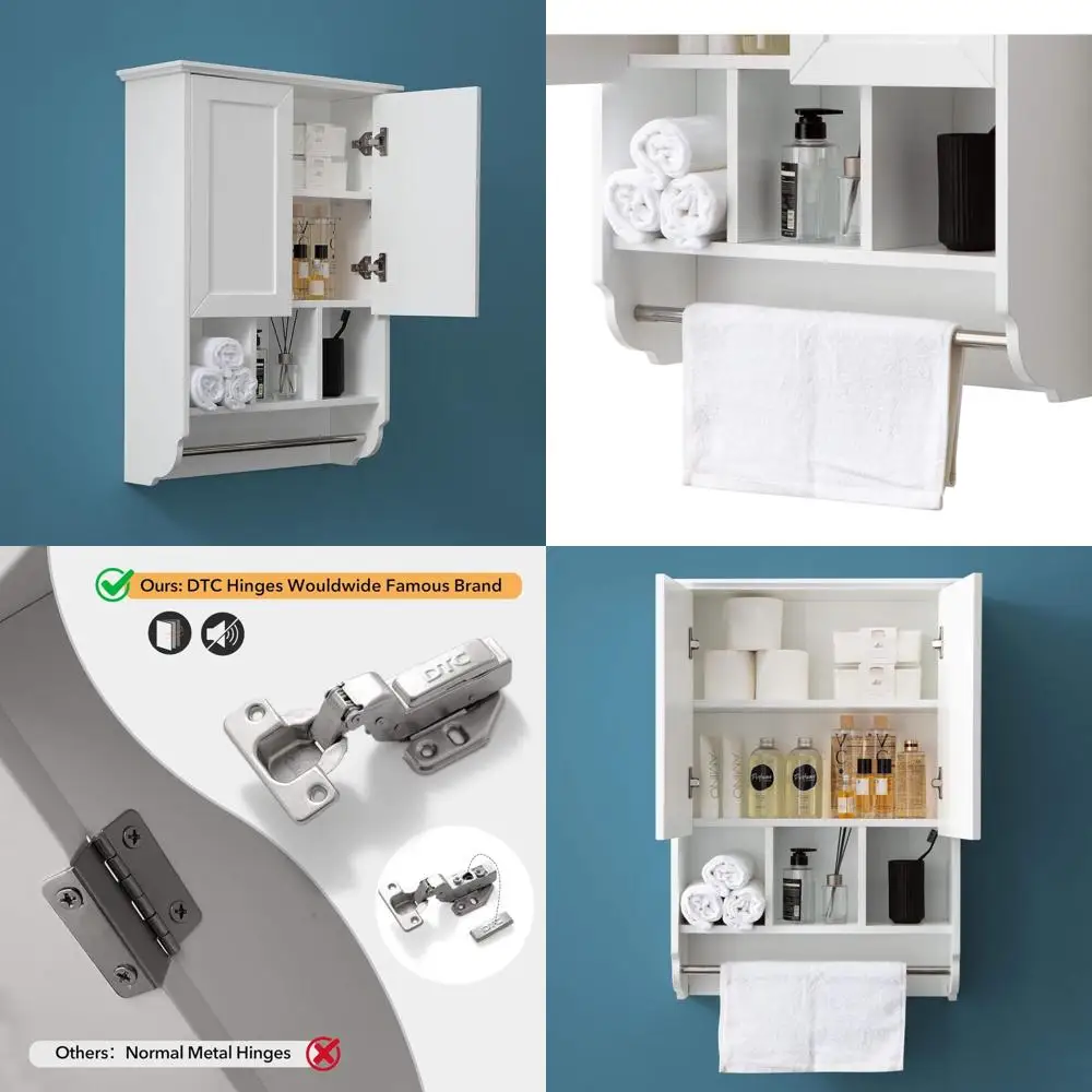 

White Wooden Bathroom Wall Cabinet with Towel Bar and Adjustable Shelves, 23x32 Inch Kitchen Storage Cabinet, Over Toilet Storag