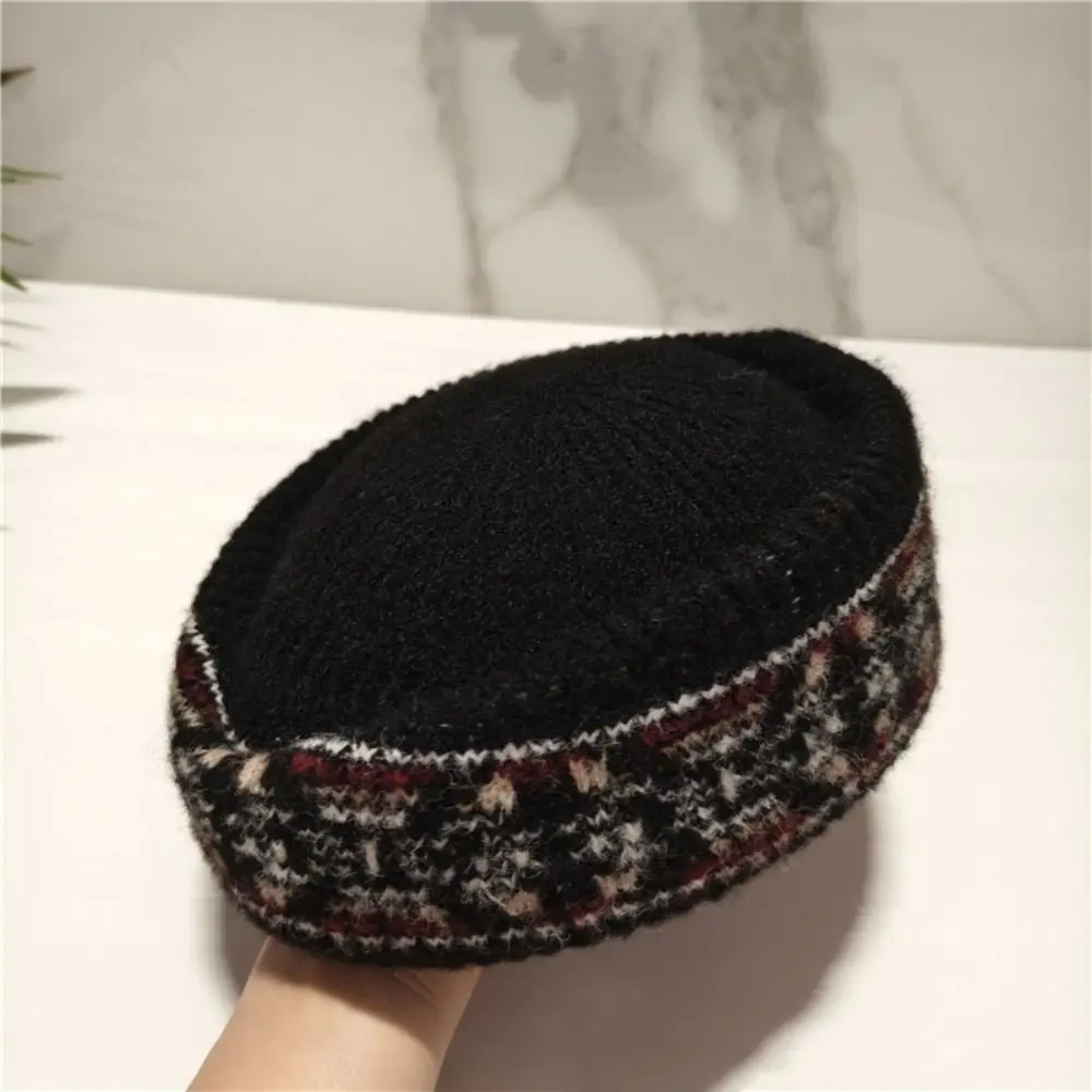 French Style Fair Isle Pattern Pillbox Hat Elegant Jacquard Fedora Hat Teardrop Solid Color Knitted Beret Hat Live Show