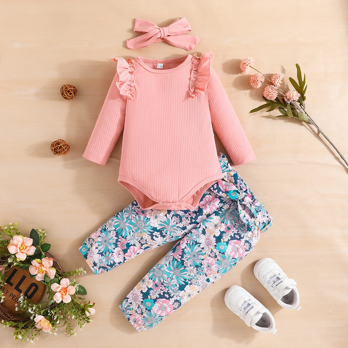 

2023 Winter Children Sets Long Sleeve O Neck Ruffles Floral Pants Pink 2 Pcs Roupa Infantil Menina Clothes Sets 0-2T