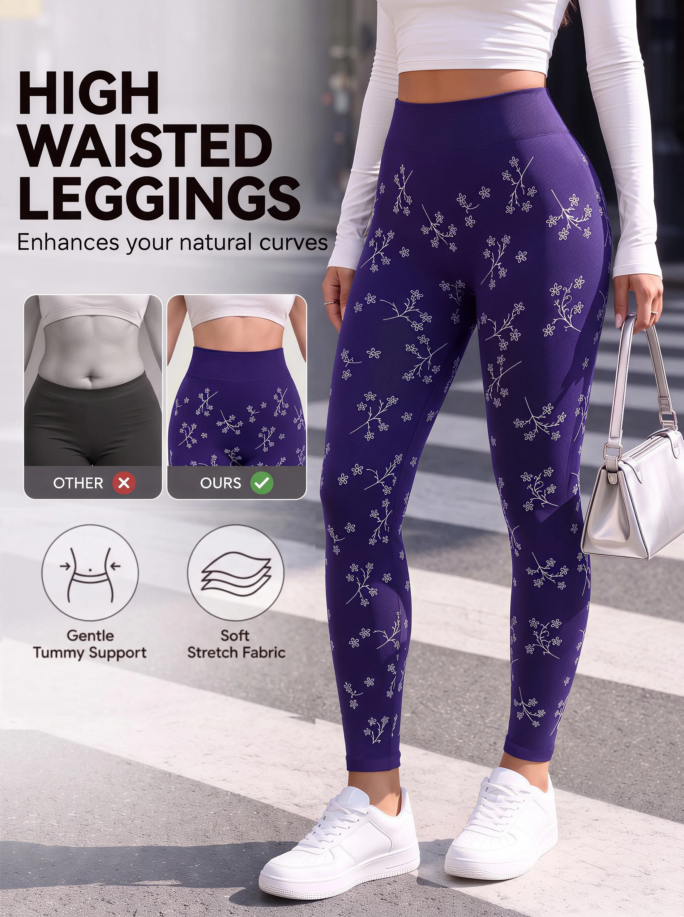 Women Seamless High Waist Purple Delicate White Floral Branch Print Leggings Stretchy Slim Fit Casual Pants for Daily Walks