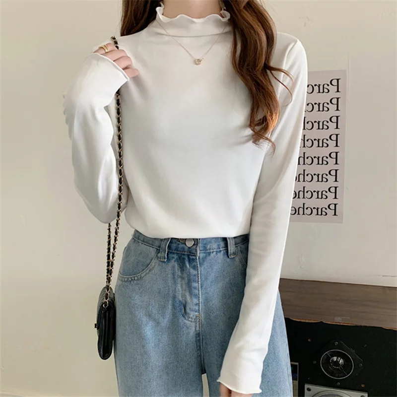 Femmes col haut Long Sve Fce doublé Base irt printemps automne Faionable polyvalent vêtements intérieurs haut qualité Polyester