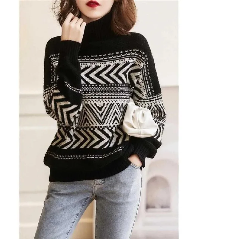 

Sweater Casual Trend Knitwear Tops Large Size Jacquard Bottoming Shirt Women Autumn Winter Simplicity Long Sleeve