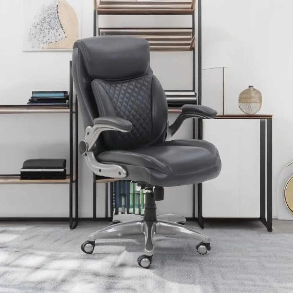 Ergonomic Executive Office Desk Chair with Flip-up Armrests, Adjustable Height, Tilt and Lumbar Support Grey Bonded Leather