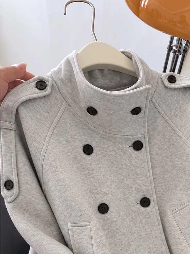 Coat Women Retro Workwear Stand Collar Short Double Breasted Epaulet Decorative Cuff Tab Daily Trendy Versatile Outerwear