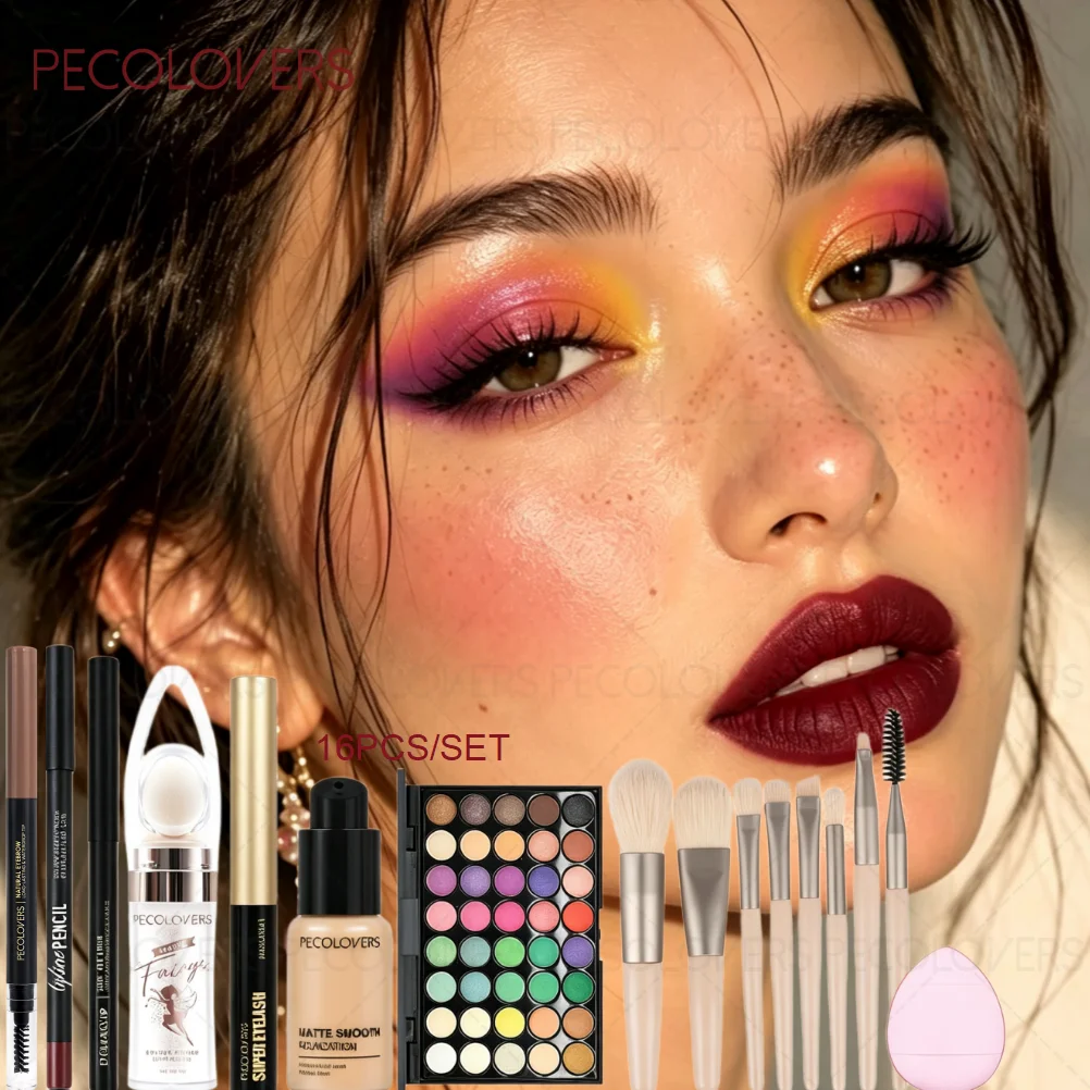 16PCS/SET Long Lasting Foundation, Eyeshadow, Eyelash, Eyeliner, Lipliner, Highlight Powder, Makeup Brushes Set, Women's Gifts
