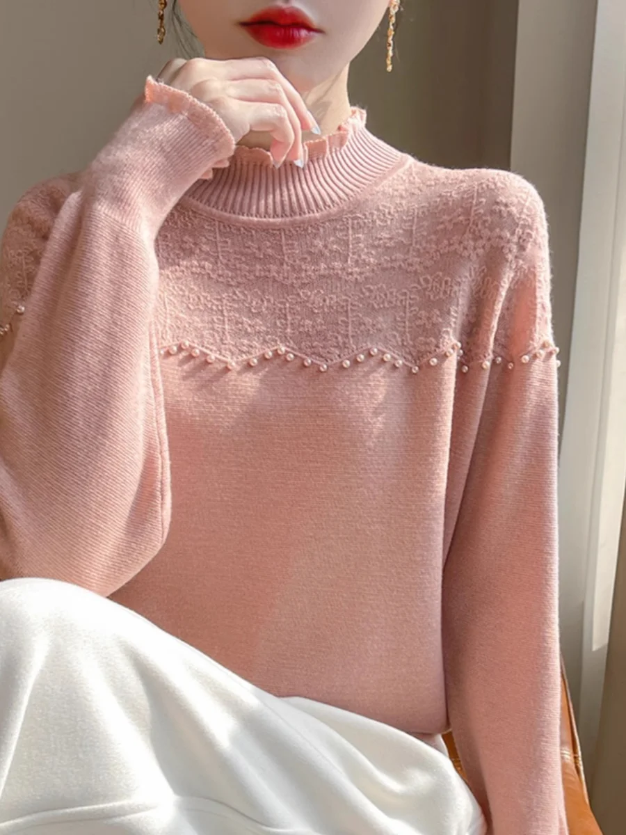 Faionable Embellied Knit Sweater Women's f High Collar Pearl Hook Flower Knitted Top Outerwear Super Sli Autumn Wi...