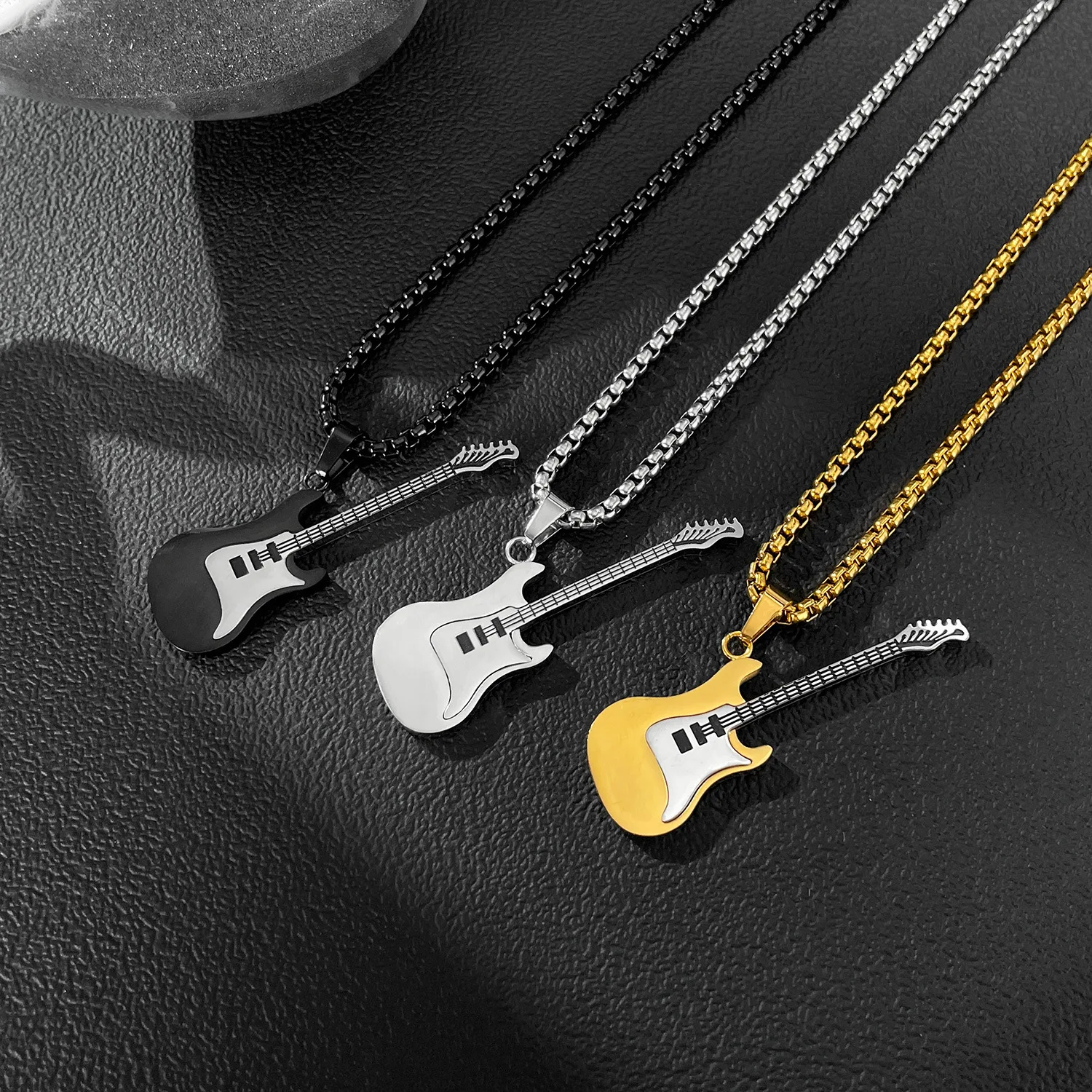 Men Women Musical Instrument Guitar Pendant Chain Necklace Stainless Steel Music Lovers gift