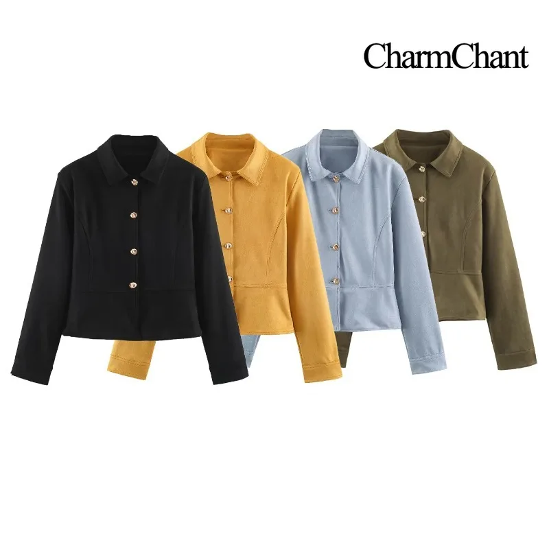 CHARMCHANT Women's Suede Jacket Vintage Princess Seam Gold Metal Buttons Notched Collar Tailored Coat Elegant Fall Winter 2026