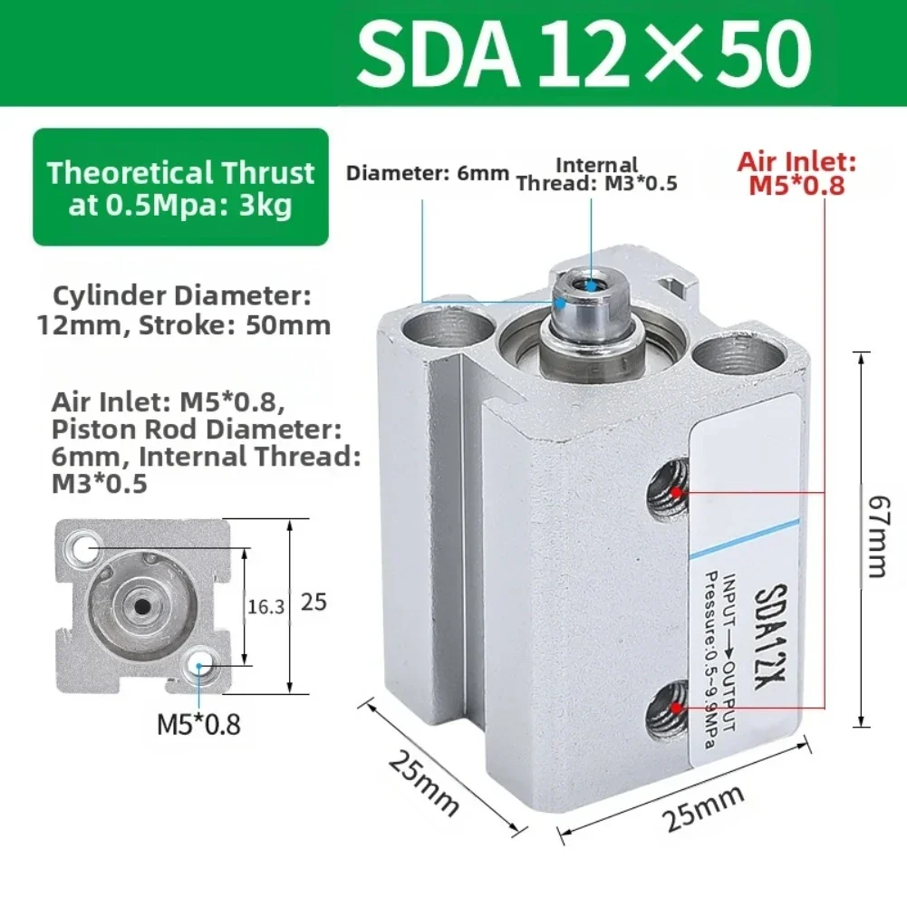 SDA Thin Cylinder 12X50 Pneumatic Air Cylinder 32mm Bore 35mm Route Thin Air Cylinder M5x0.8 For Hydraulic Systems Automation