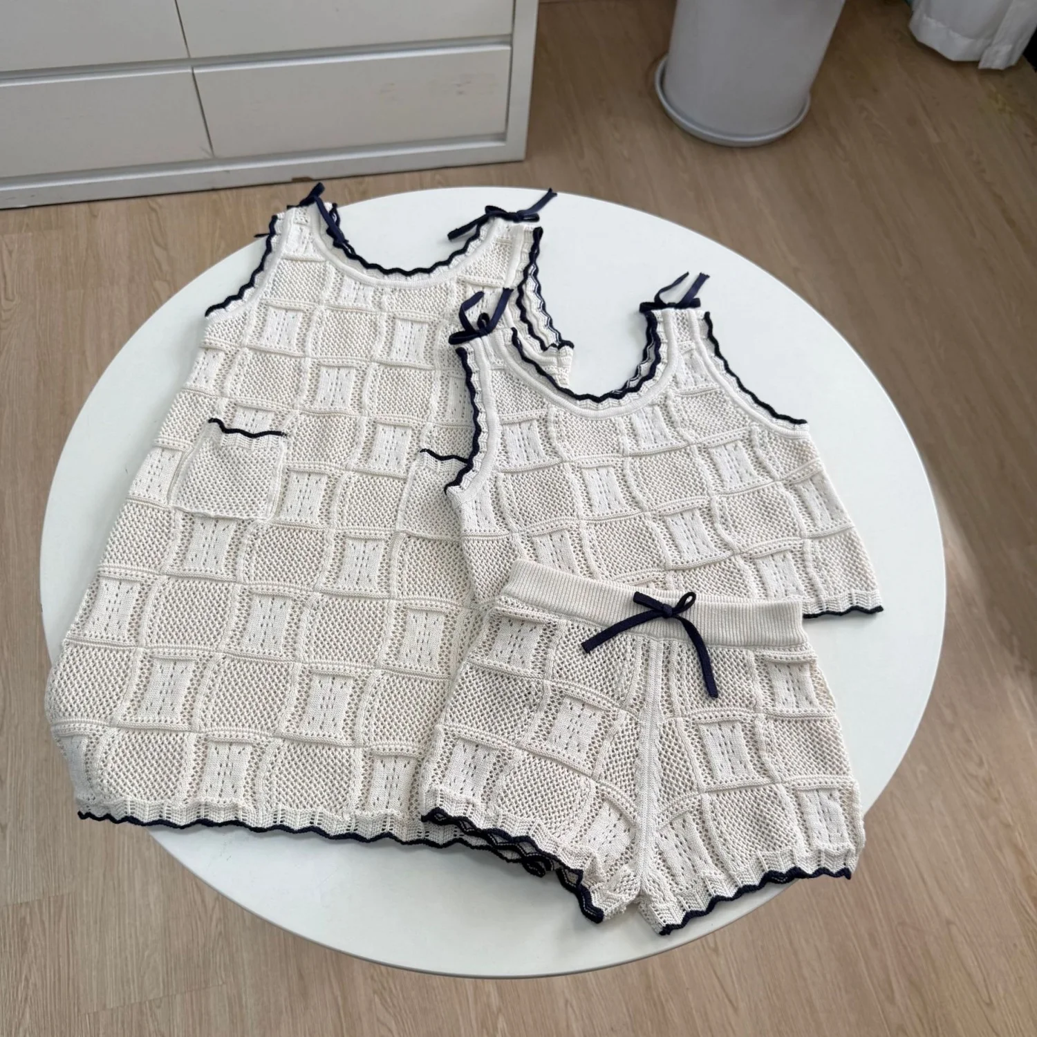 Elegant Kids Knitting Dress and Clothes Set Summer Children Sleeveless Hollow Cut Out Vintage Knit Sweater Vest and Shorts Set