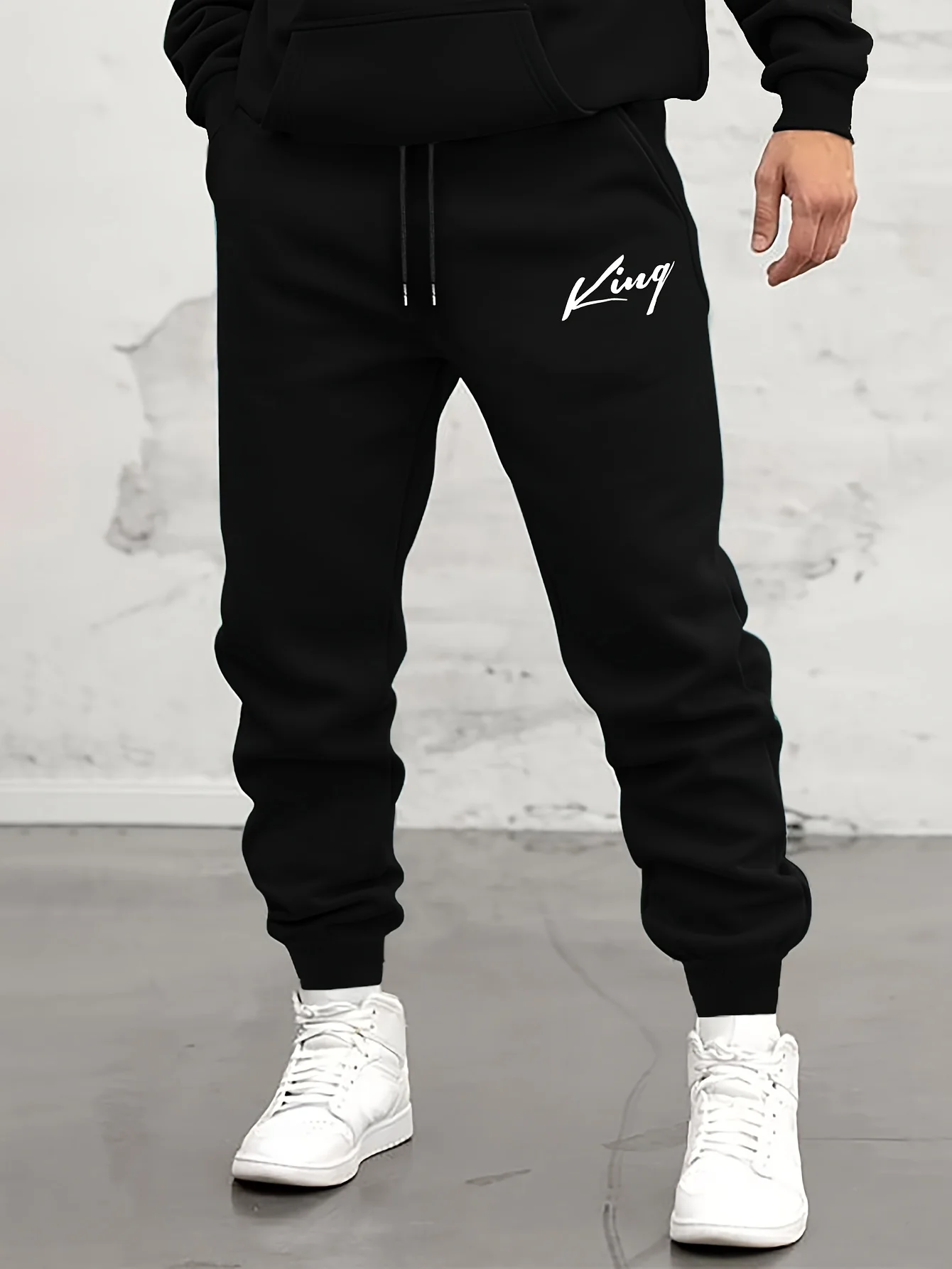 KING Print Drawstring Sweatpants, Loose Fit Slightly Stretch Joggers For Men Autumn Winter Running Daily Street Wear