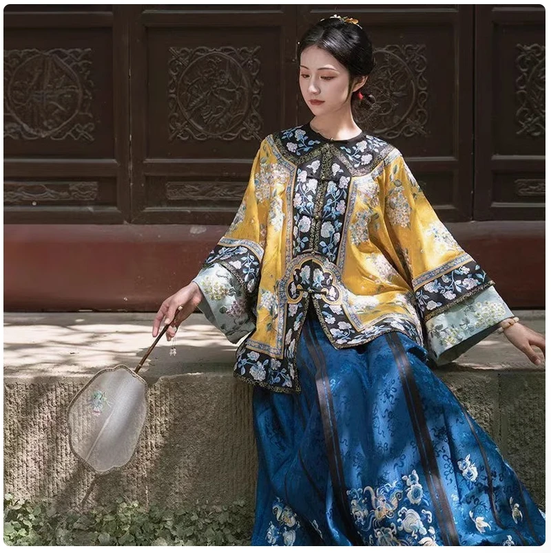 

Принт «Имитация дворцового музея», платье с флагом династии Цин, жилет Циохуа, женская одежда Цин Хань, топ, юбка с конским лицом