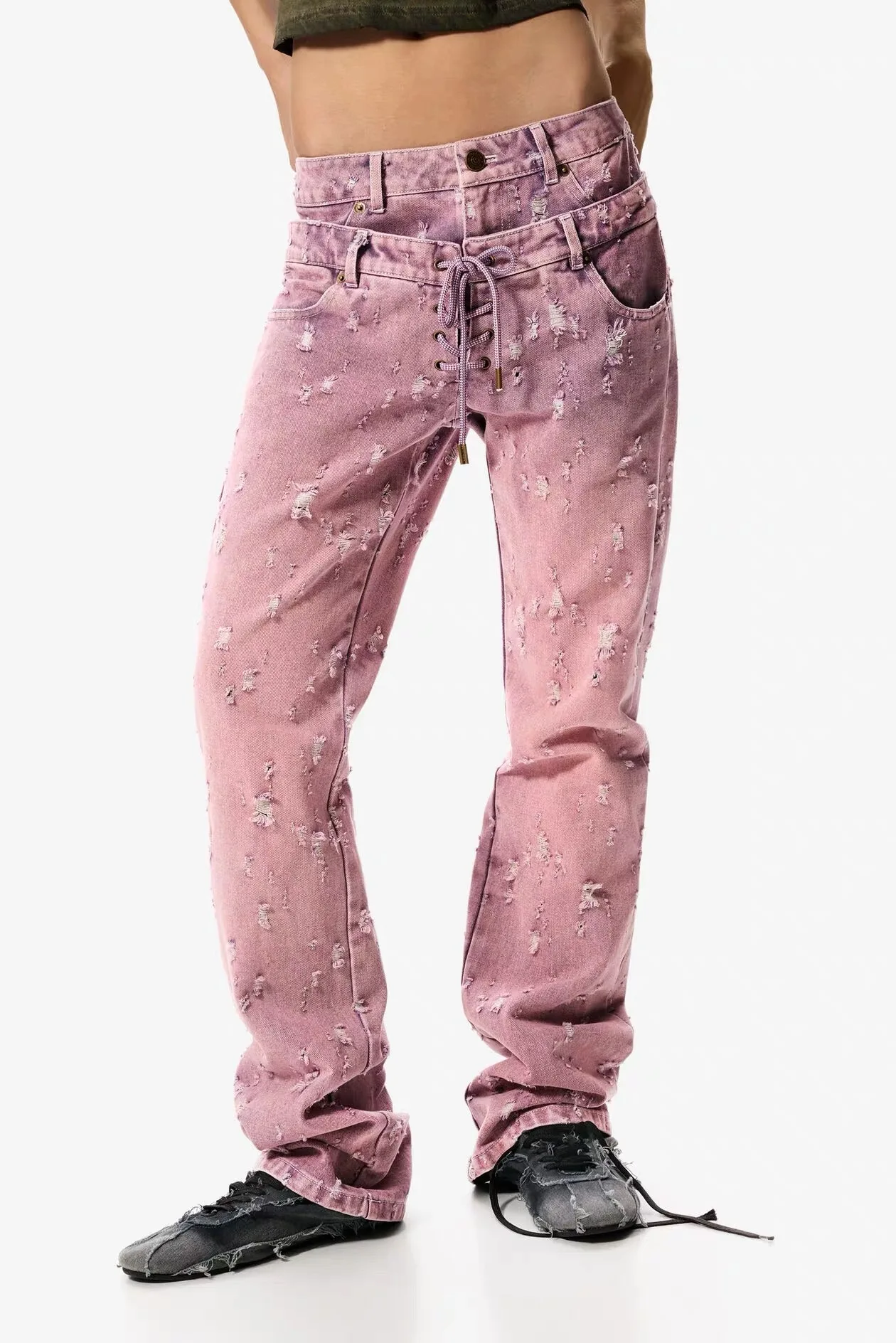 Foreign Trade Spain Original Denim Sand Washed Hole Design Elastic Casual Loose Pants Designer Style Fashion