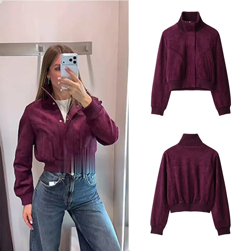 Women Faux Suede Cropped Bomber Jacket Ribbed Stand Collar Zip Up Short Coat Retro Casual Street Commute Outerwear