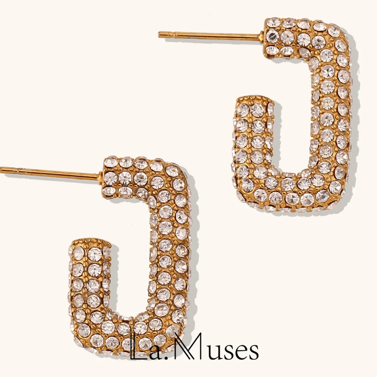 La.Muses Full Zircon Rectangular Stainless steel Earrings With Openings Fashion Waterproof For Women серьги женские Jewelry Gift