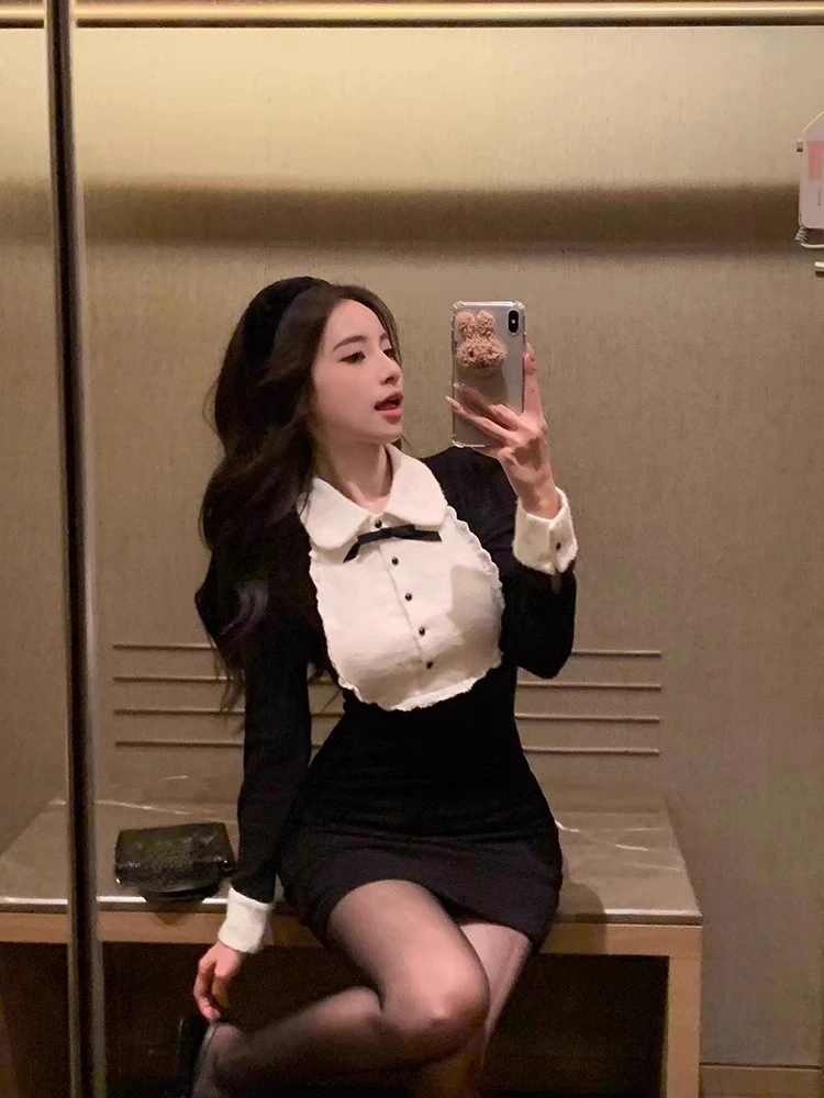 Sweet Black White Long Sleeve Sresses 2024 Spring New Slim Waist Dress for Women Y2k Grunge Fit Bodycon Vestidos Mujer
