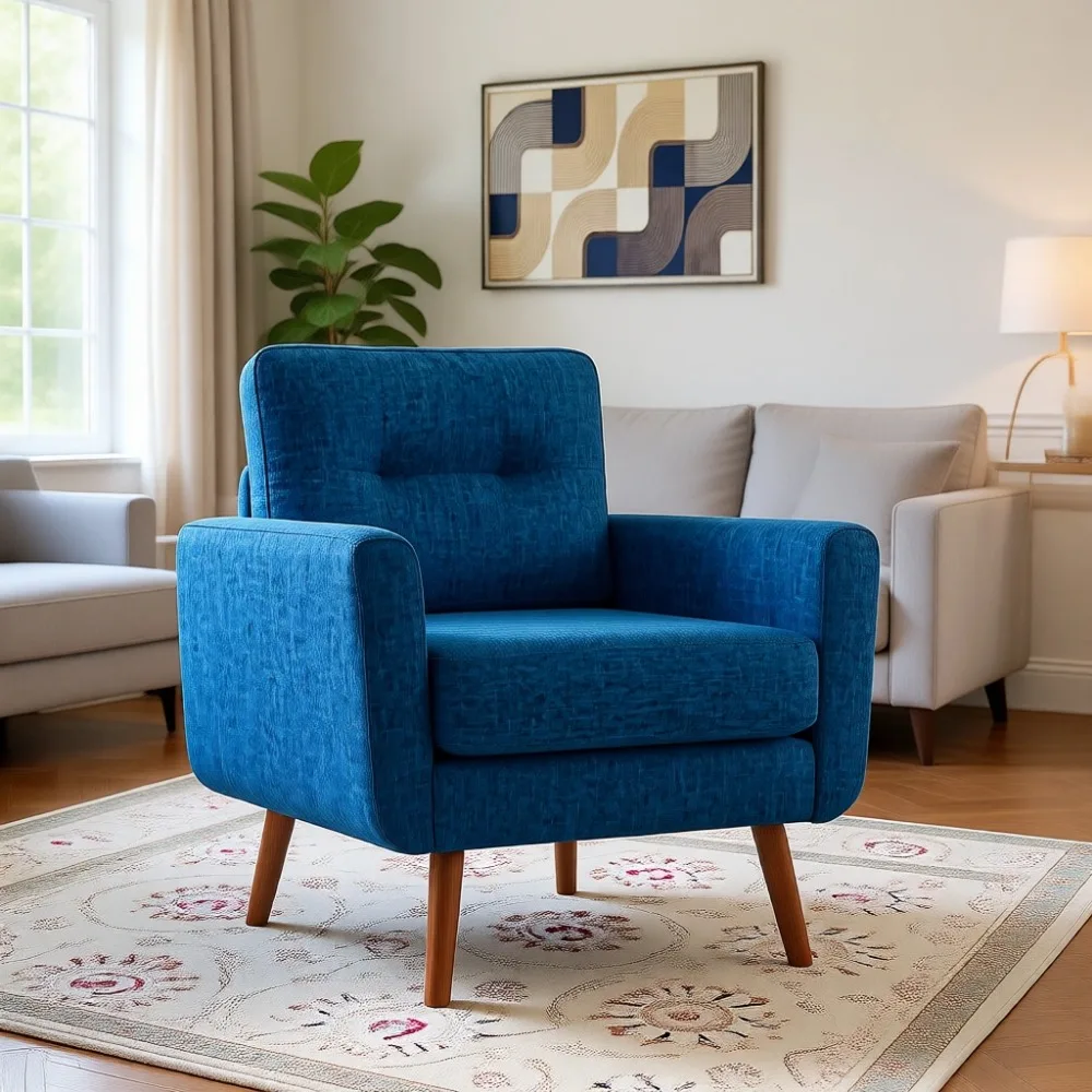 Mid Century Modern Linen Single Sofa Chair, Button-Tufted, Comfortable Reading Seating for Living Room, Bedroom, Blue