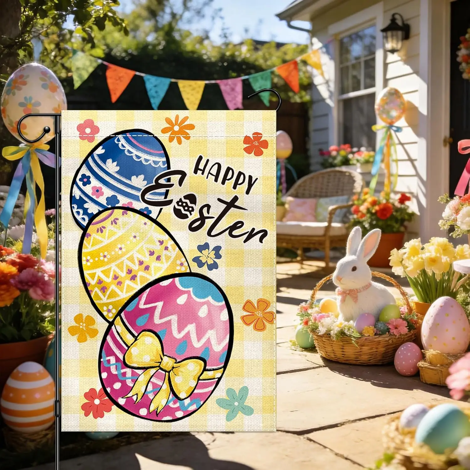 Happy Easter Eggs Garden Flag 12x18 Inch Double Sided, Welcome Spring Small Burlap Yard Flag for Seasonal Farmhouse Holiday  AAS