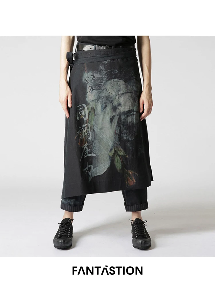 

FANTASTION Original design Denim Double-layer Skirt pants Chinese-style calligraphy printing unisex harem panst Casual trousers