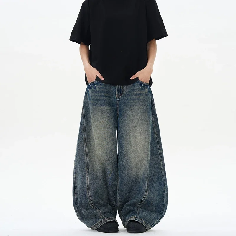

Spring New Men's Jeans Oversized Wide Leg Pants Loose Vintage Patchwork Lightning Cracked Denim Trousers Streetwear Male