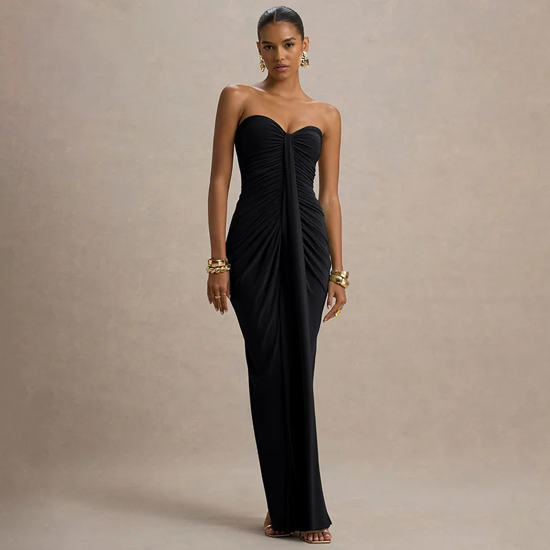 STIJLVOLLE DAME Party Maxi Jurk 2023 Herfst Vrouwen Strapless Backless Bodycon Gedrapeerde Sexy Club Lange Solid Vestidos De Festa